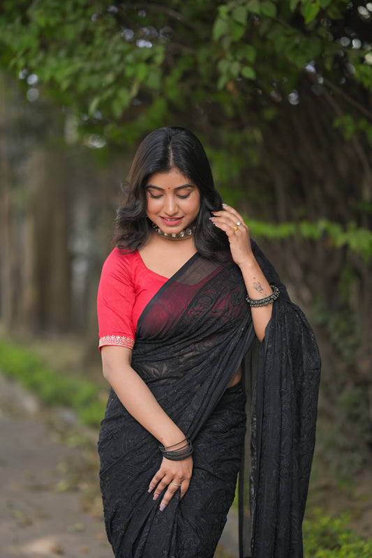 JAMINI - Black Chikankari Embroidered Mul Cotton Saree with Tassel Pallu