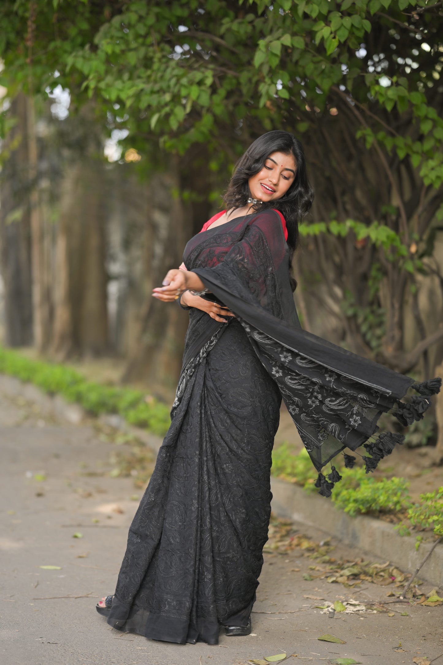 JAMINI - Black Chikankari Embroidered Mul Cotton Saree with Tassel Pallu