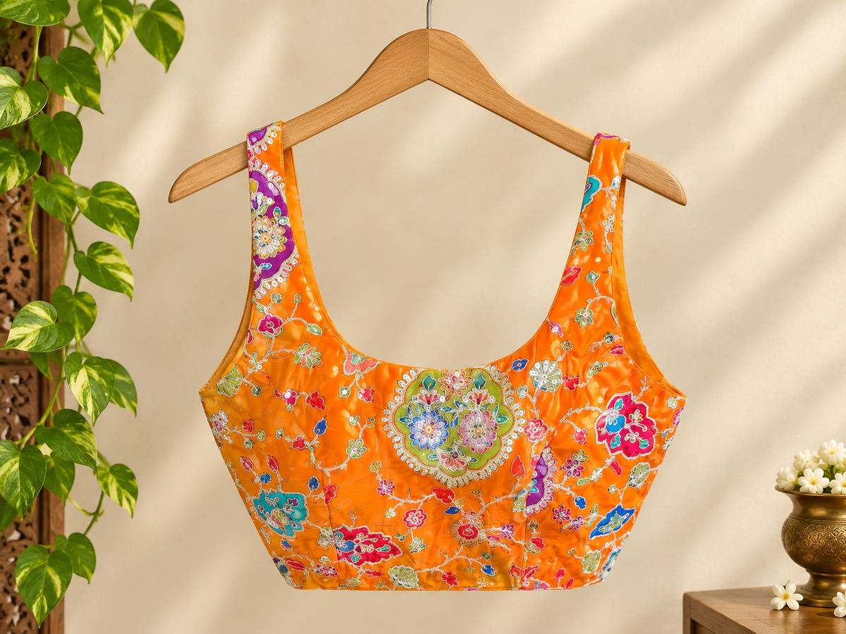 Sequin Embellished Crepe Blouse – Padded Fit – Orange Multicolor