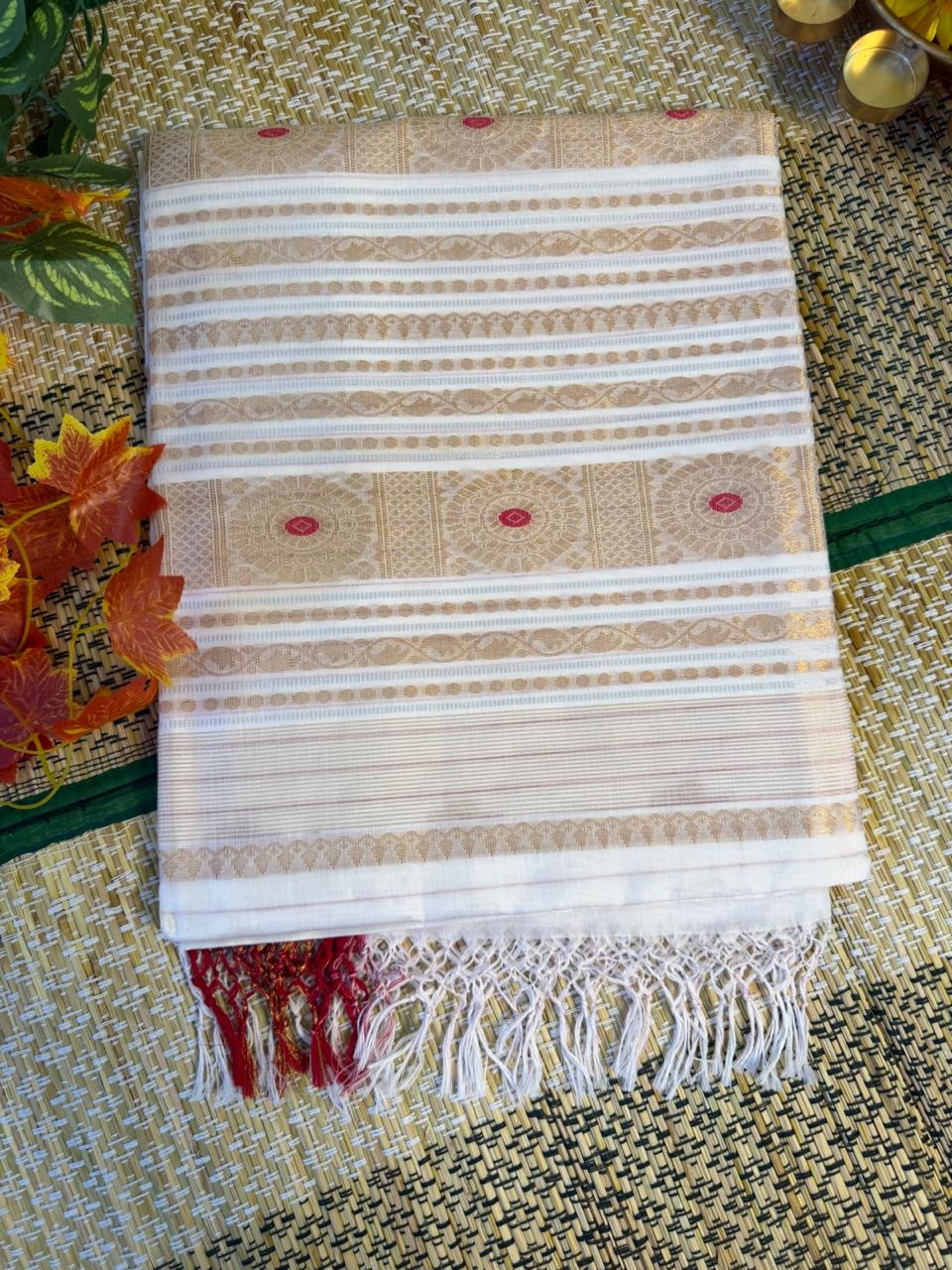 Shubhra – Rayon Silk Saree, White Gold with Red