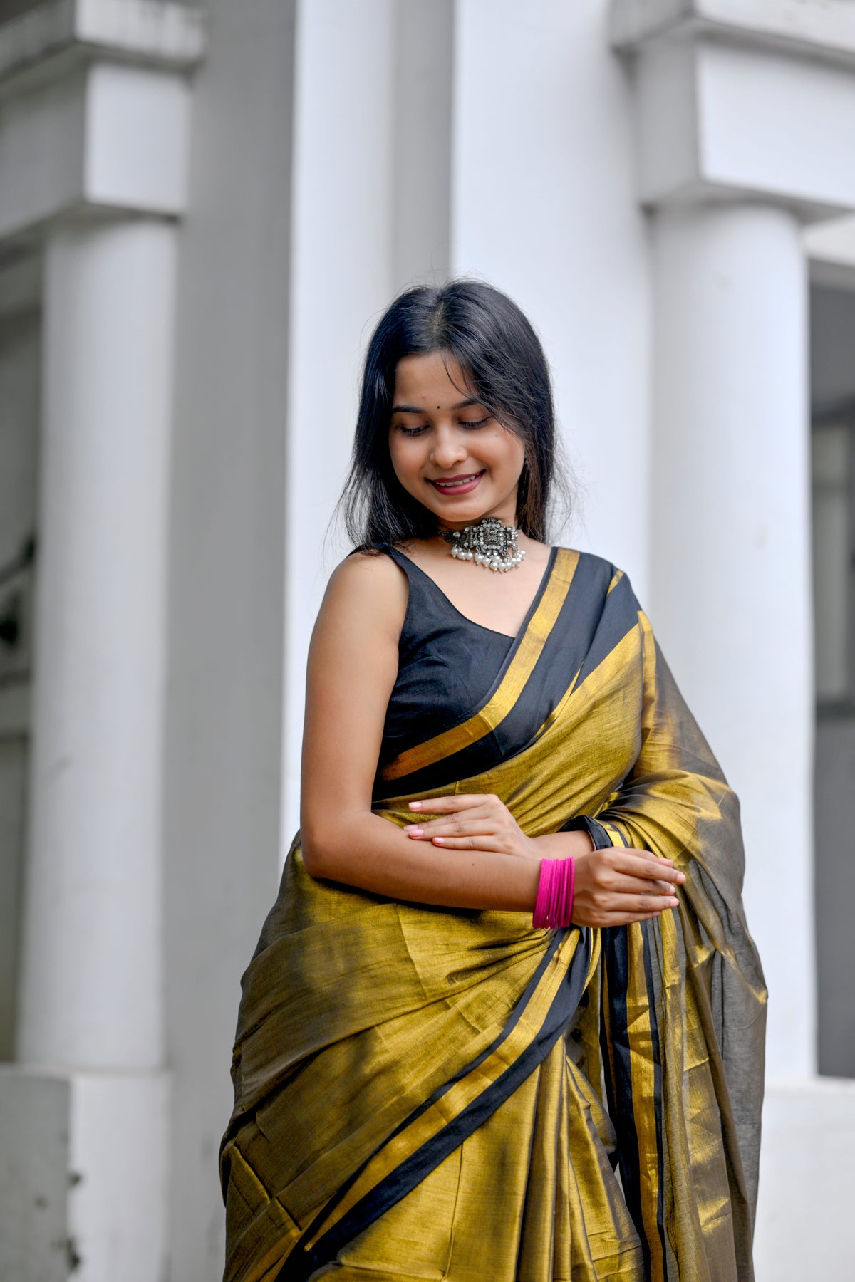 Kanchana – Tissue Cotton Saree, Black Gold