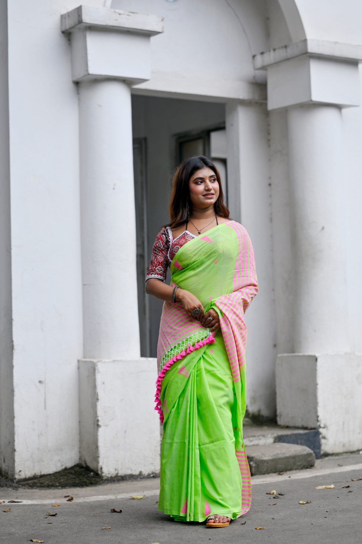 Palashi – Cotton Saree, Neon Green Pink