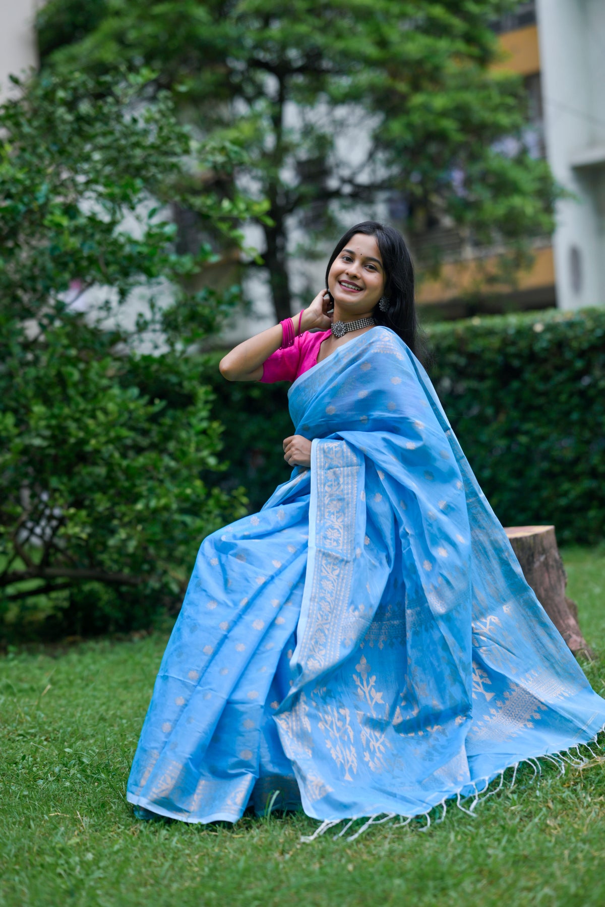 Akasha – Tissue Linen Saree, Sky Blue Gold