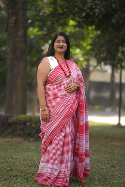 ABAHONI - Red and white Cotton Handloom Saree
