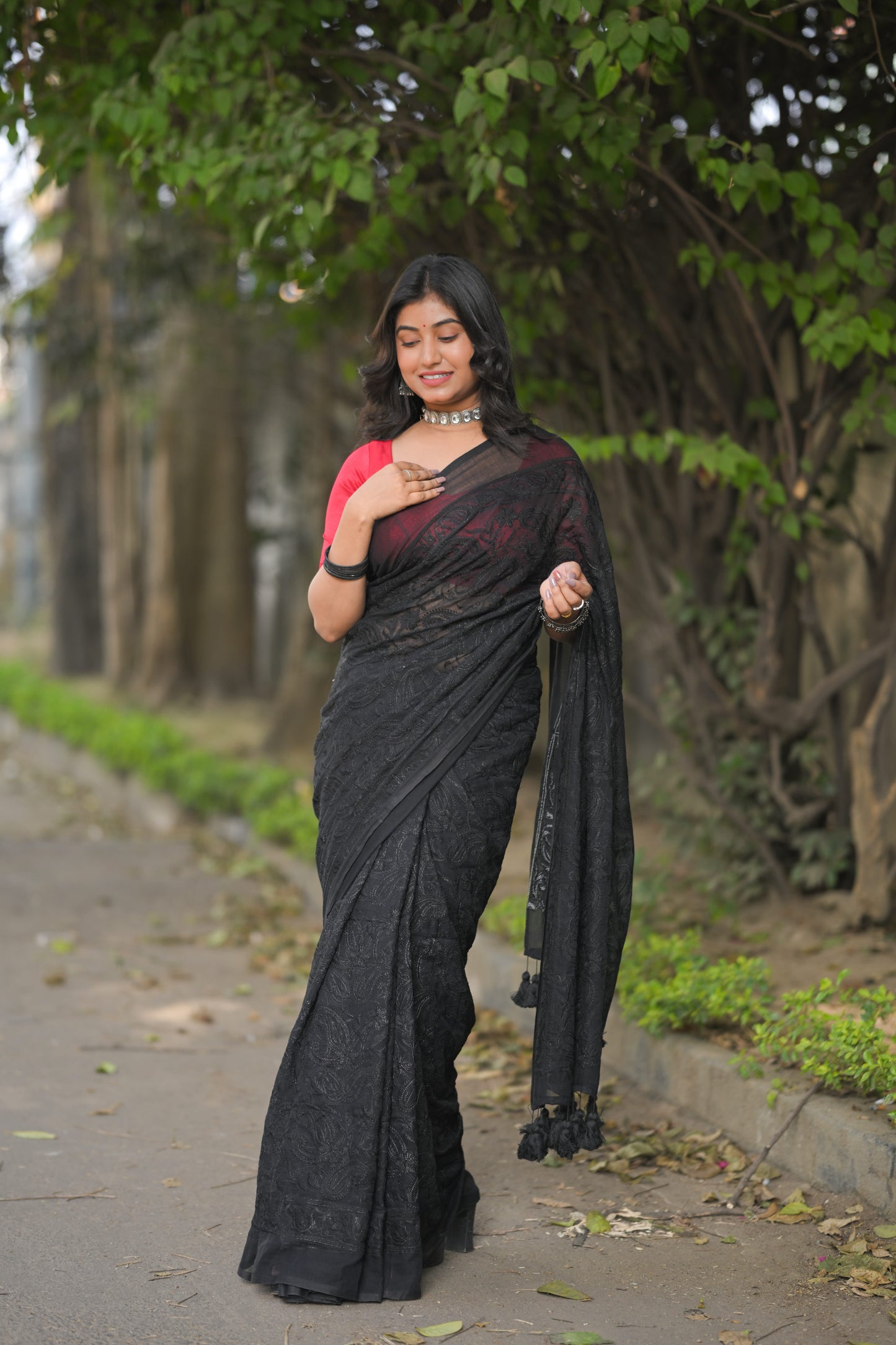 JAMINI - Black Chikankari Embroidered Mul Cotton Saree with Tassel Pallu
