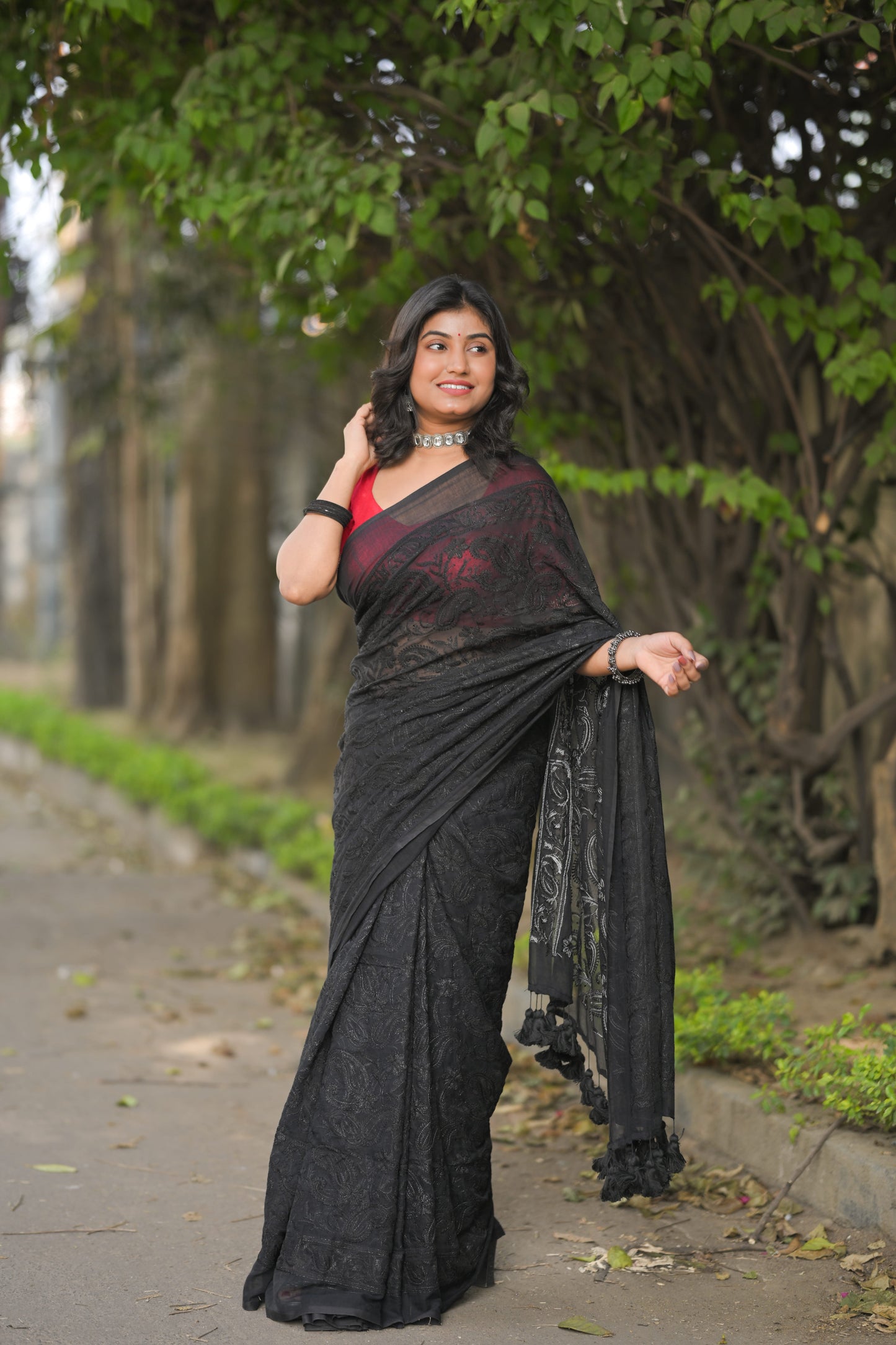 JAMINI - Black Chikankari Embroidered Mul Cotton Saree with Tassel Pallu