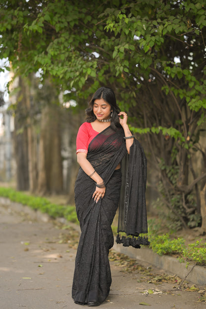 JAMINI - Black Chikankari Embroidered Mul Cotton Saree with Tassel Pallu