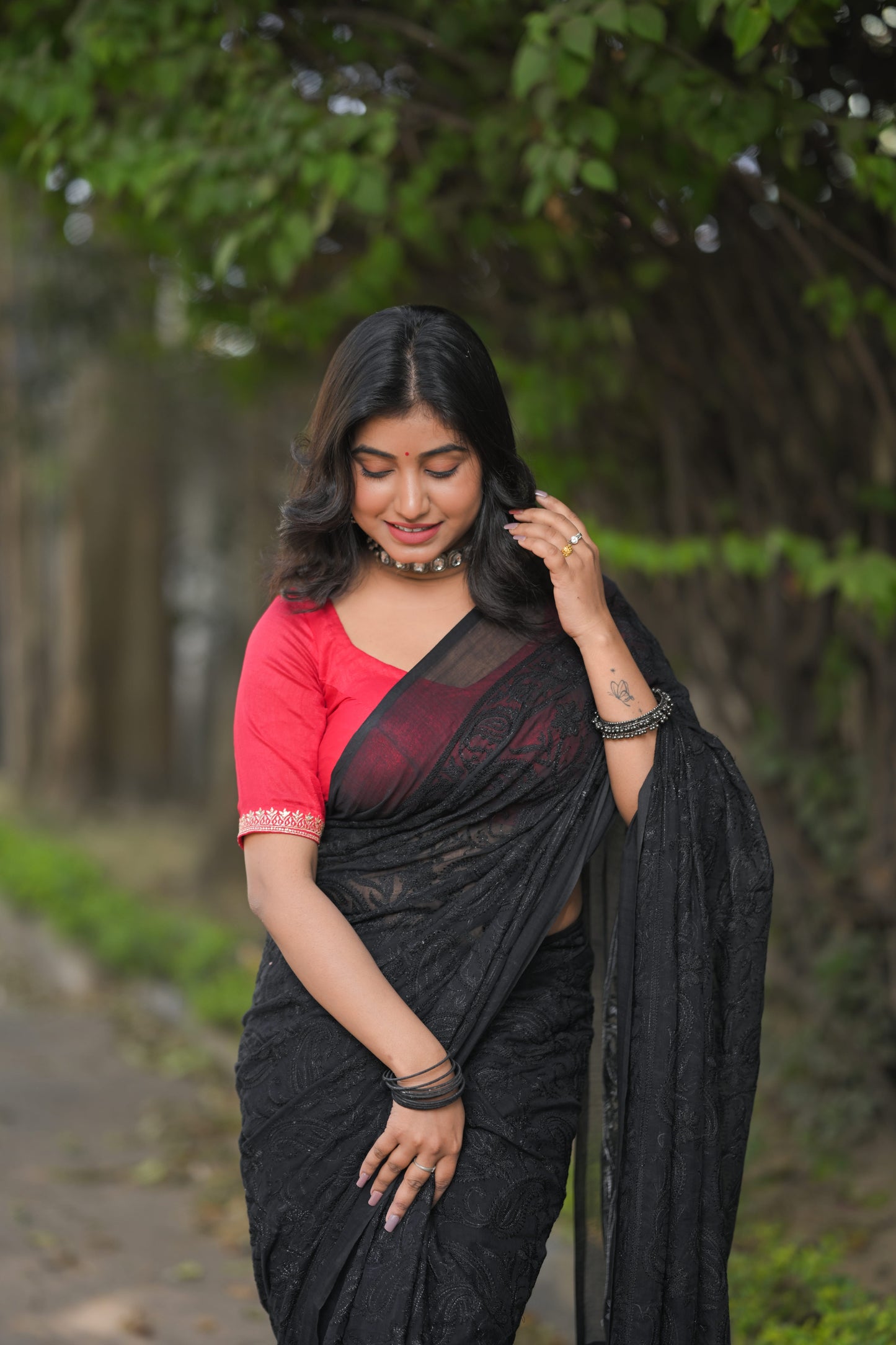 JAMINI - Black Chikankari Embroidered Mul Cotton Saree with Tassel Pallu