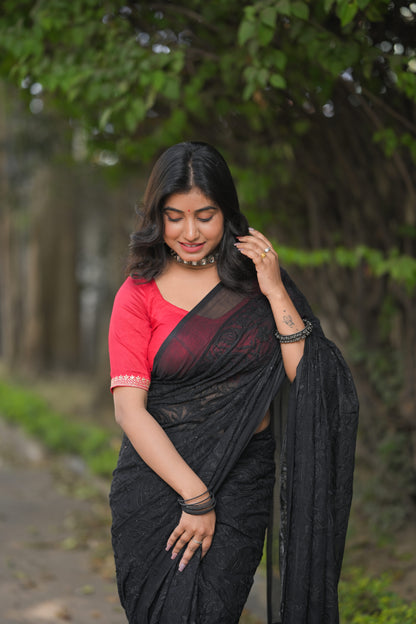 JAMINI - Black Chikankari Embroidered Mul Cotton Saree with Tassel Pallu
