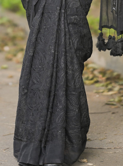 JAMINI - Black Chikankari Embroidered Mul Cotton Saree with Tassel Pallu