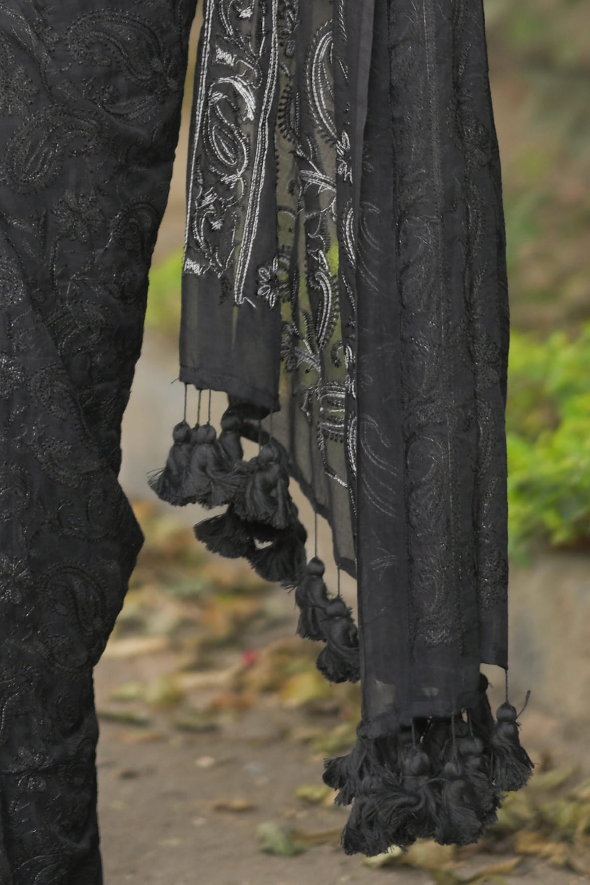 JAMINI - Black Chikankari Embroidered Mul Cotton Saree with Tassel Pallu