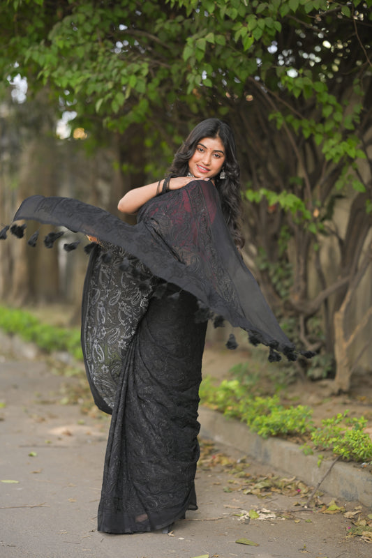 JAMINI - Black Chikankari Embroidered Mul Cotton Saree with Tassel Pallu