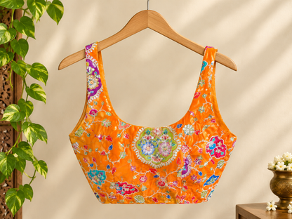 Sequin Embellished Crepe Blouse – Padded Fit – Orange Multicolor