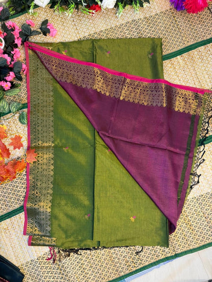 Harini – Rayon Silk Saree, Olive Multicolor