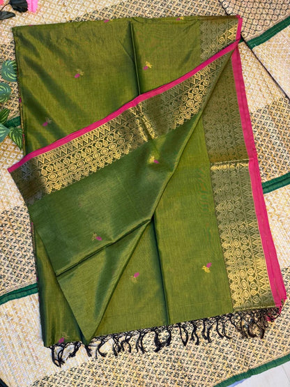 Harini – Rayon Silk Saree, Olive Multicolor