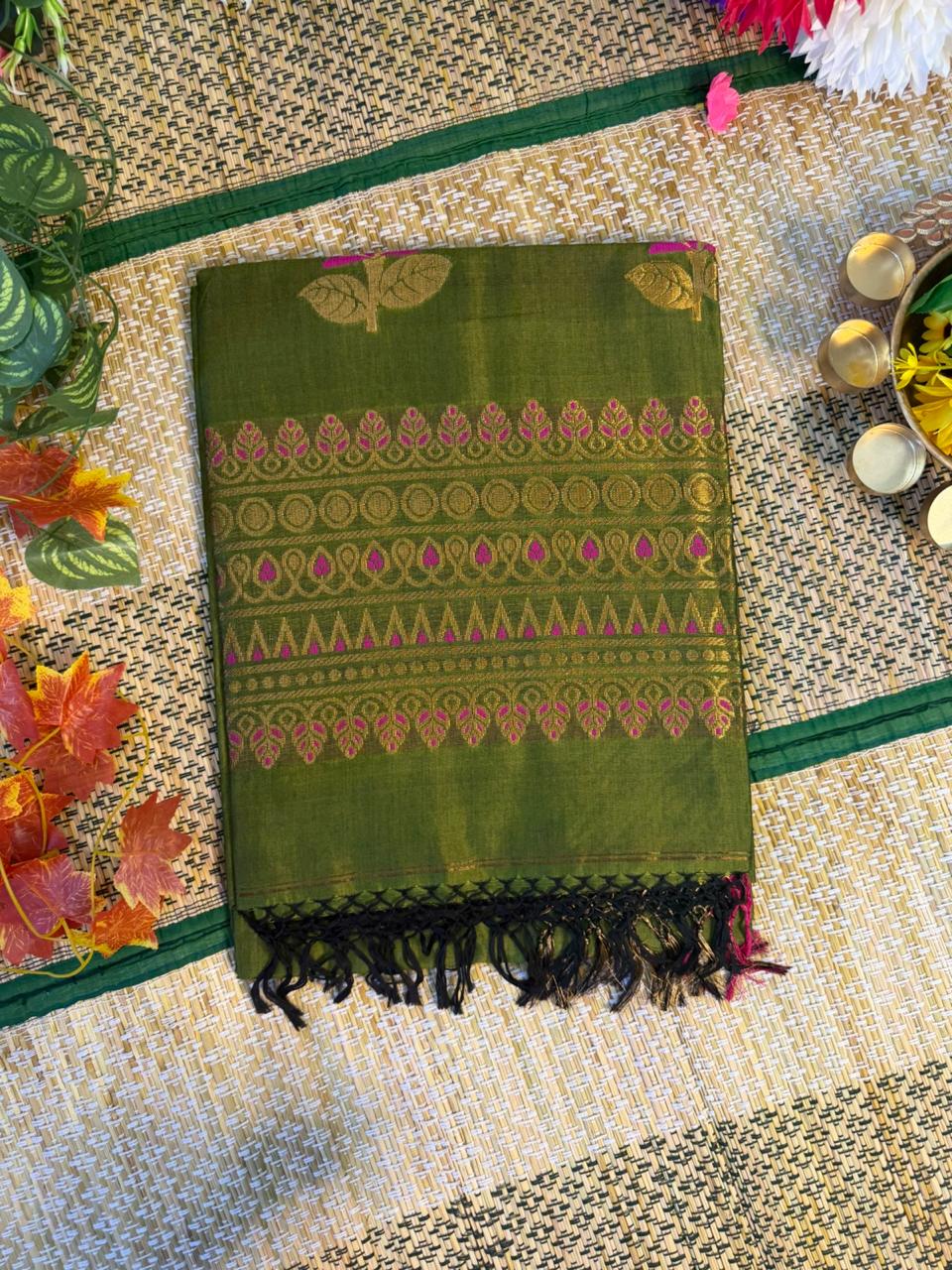 Harini – Rayon Silk Saree, Olive Multicolor