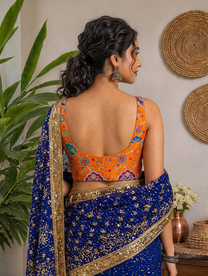 Sequin Embellished Crepe Blouse – Padded Fit – Orange Multicolor