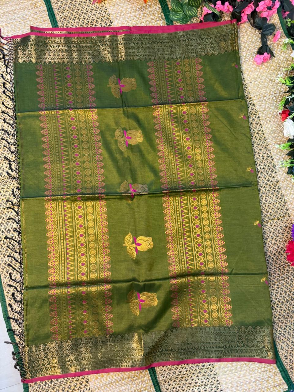 Harini – Rayon Silk Saree, Olive Multicolor