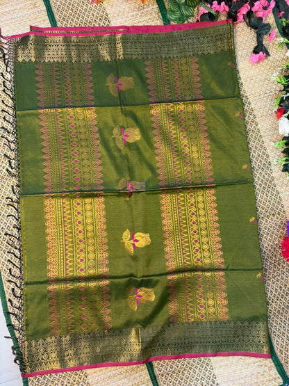 Harini – Rayon Silk Saree, Olive Multicolor
