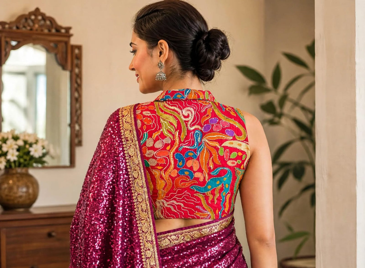 Sequin Embellished Crepe Blouse – Padded & Stretchable Fit – Red Multicolor