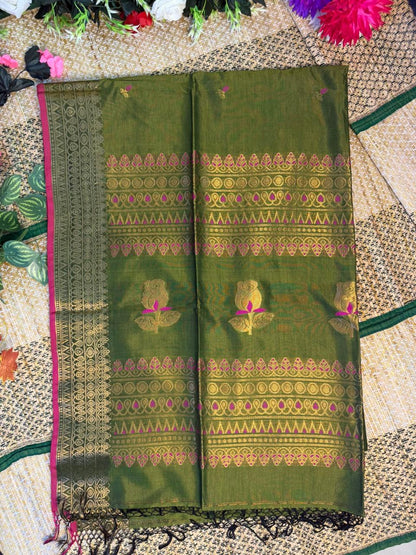 Harini – Rayon Silk Saree, Olive Multicolor