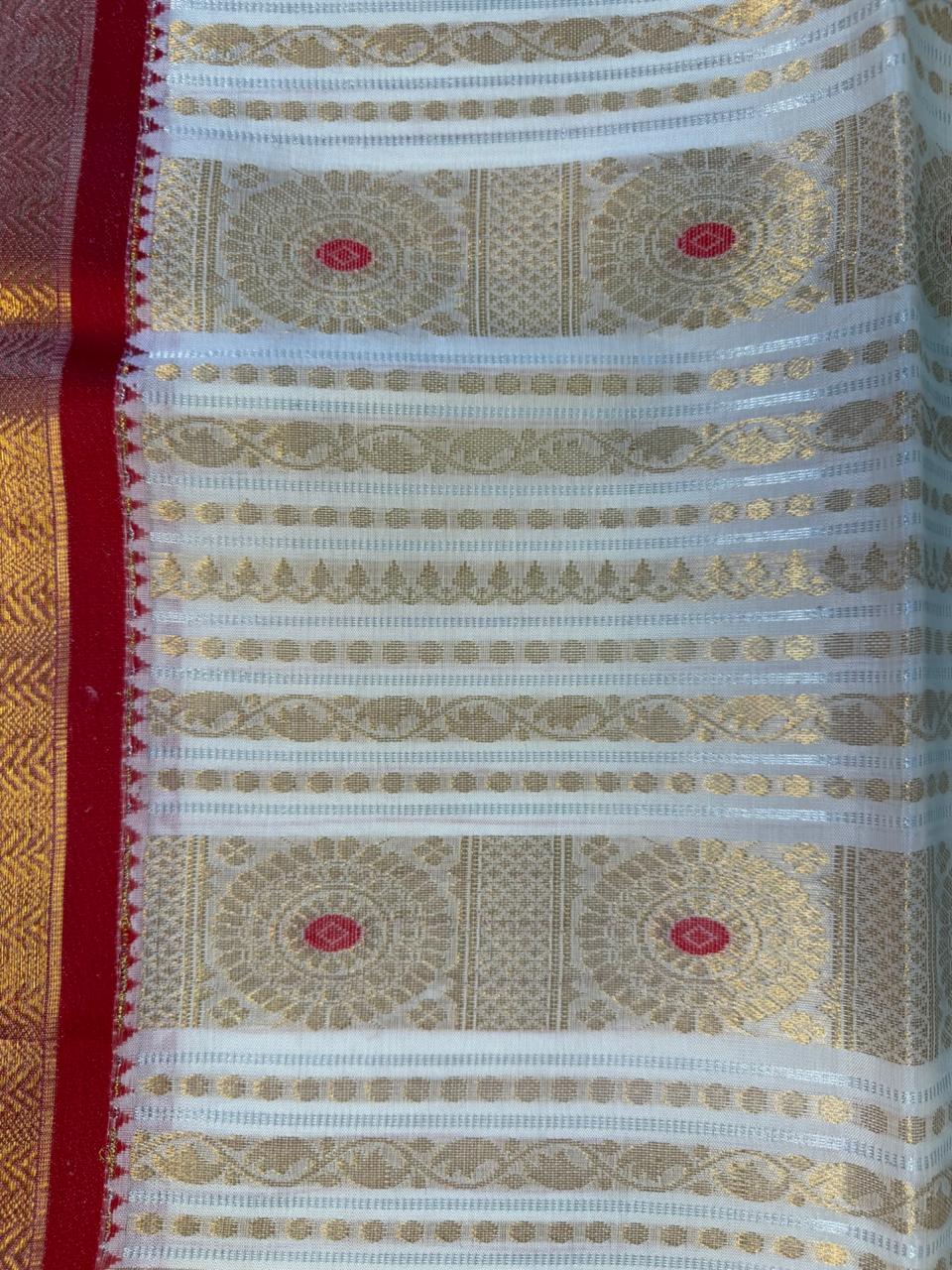 Shubhra – Rayon Silk Saree, White Gold with Red