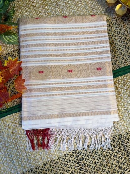 Shubhra – Rayon Silk Saree, White Gold with Red