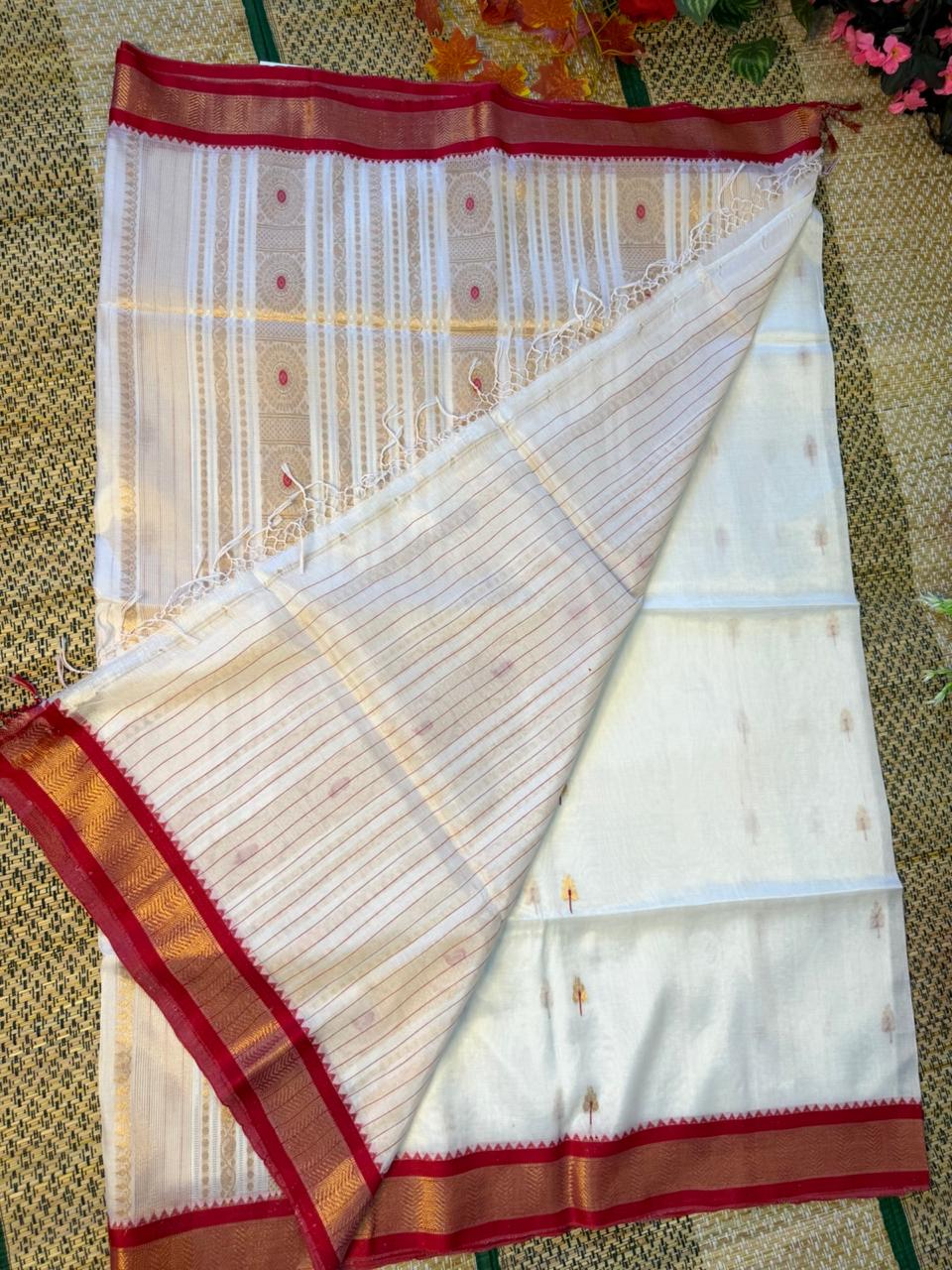 Shubhra – Rayon Silk Saree, White Gold with Red