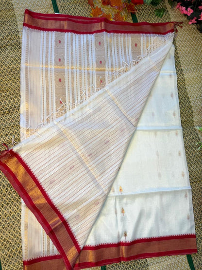 Shubhra – Rayon Silk Saree, White Gold with Red