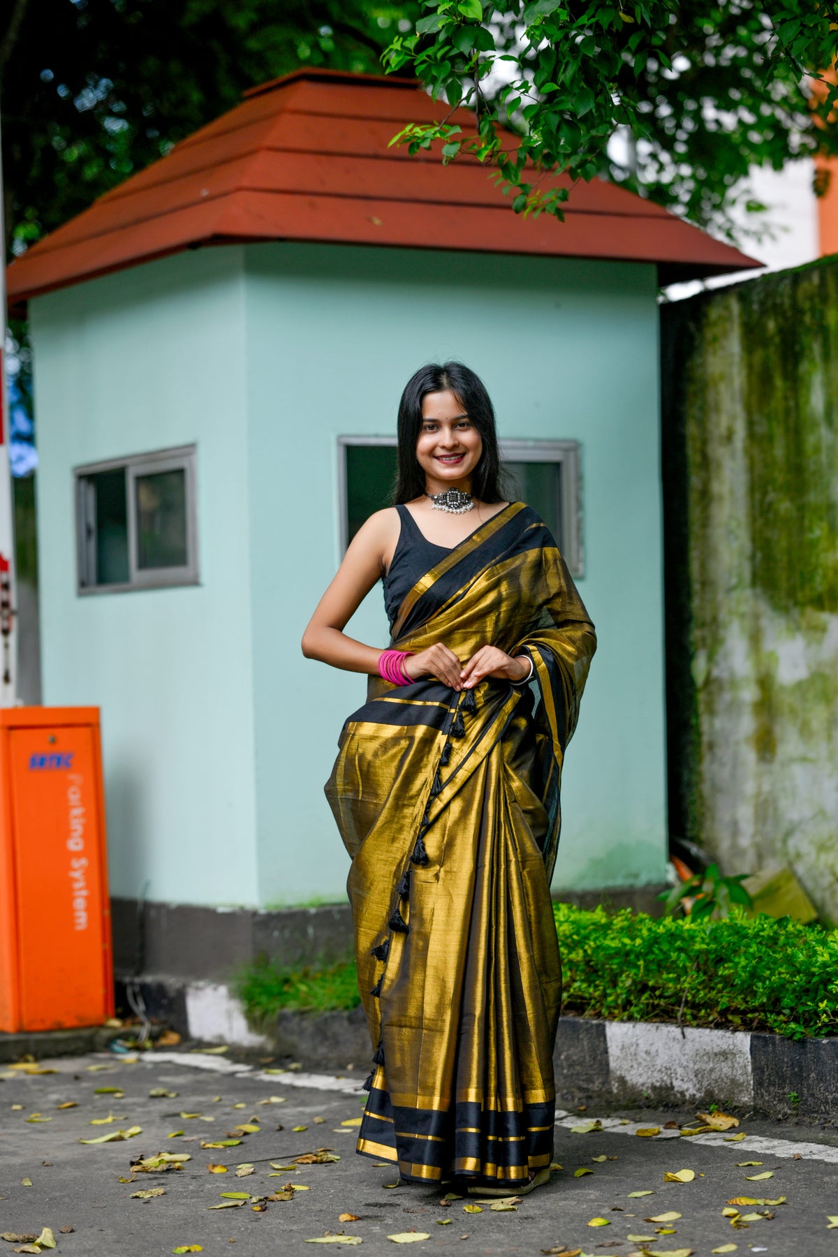 Kanchana – Tissue Cotton Saree, Black Gold