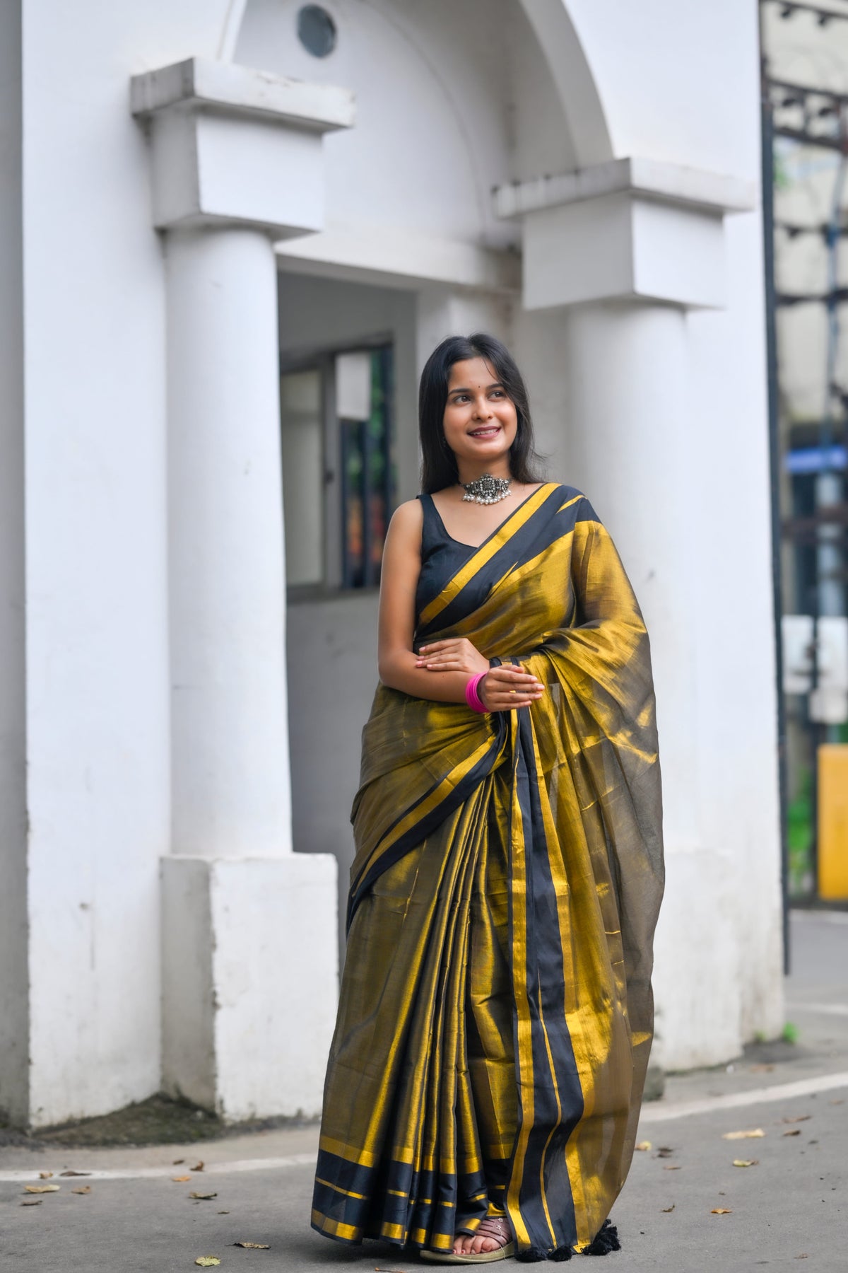 Kanchana – Tissue Cotton Saree, Black Gold
