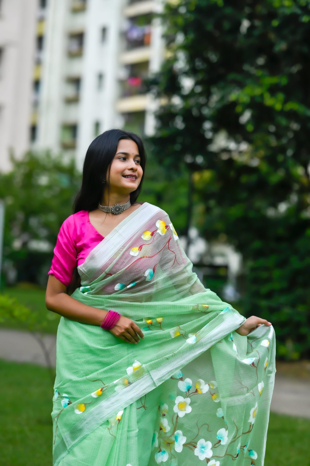 Komala – Kota Doria Saree, Mint Green Multicolor