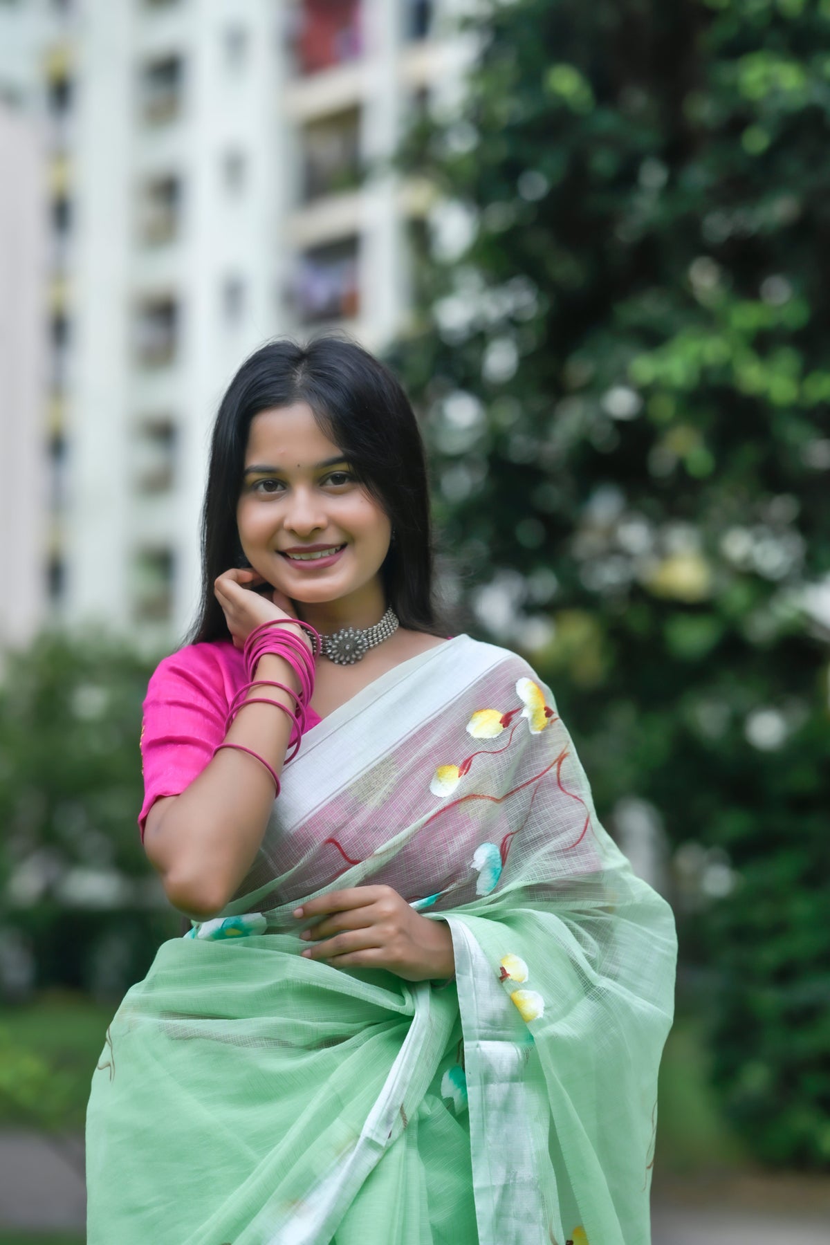 Komala – Kota Doria Saree, Mint Green Multicolor