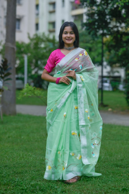 Komala – Kota Doria Saree, Mint Green Multicolor