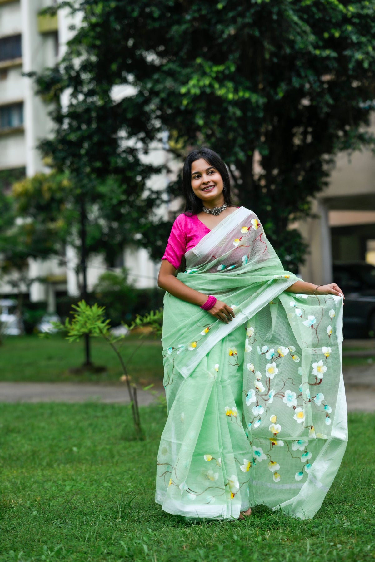 Komala – Kota Doria Saree, Mint Green Multicolor