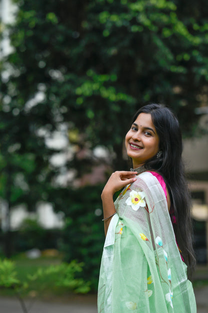 Komala – Kota Doria Saree, Mint Green Multicolor