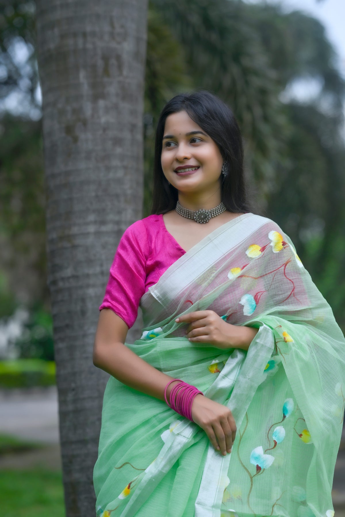 Komala – Kota Doria Saree, Mint Green Multicolor