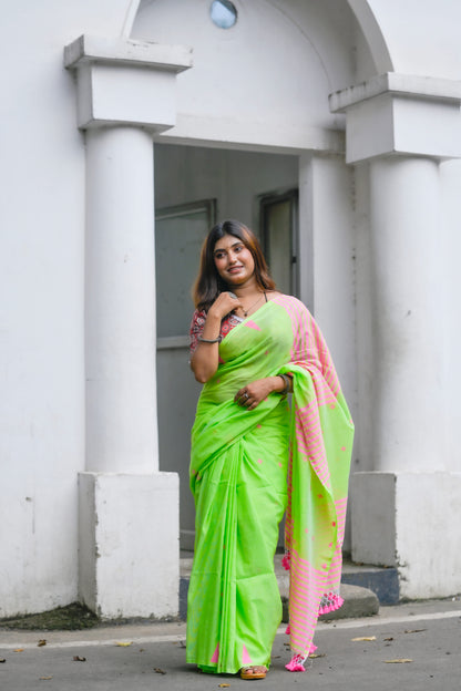Palashi – Cotton Saree, Neon Green Pink