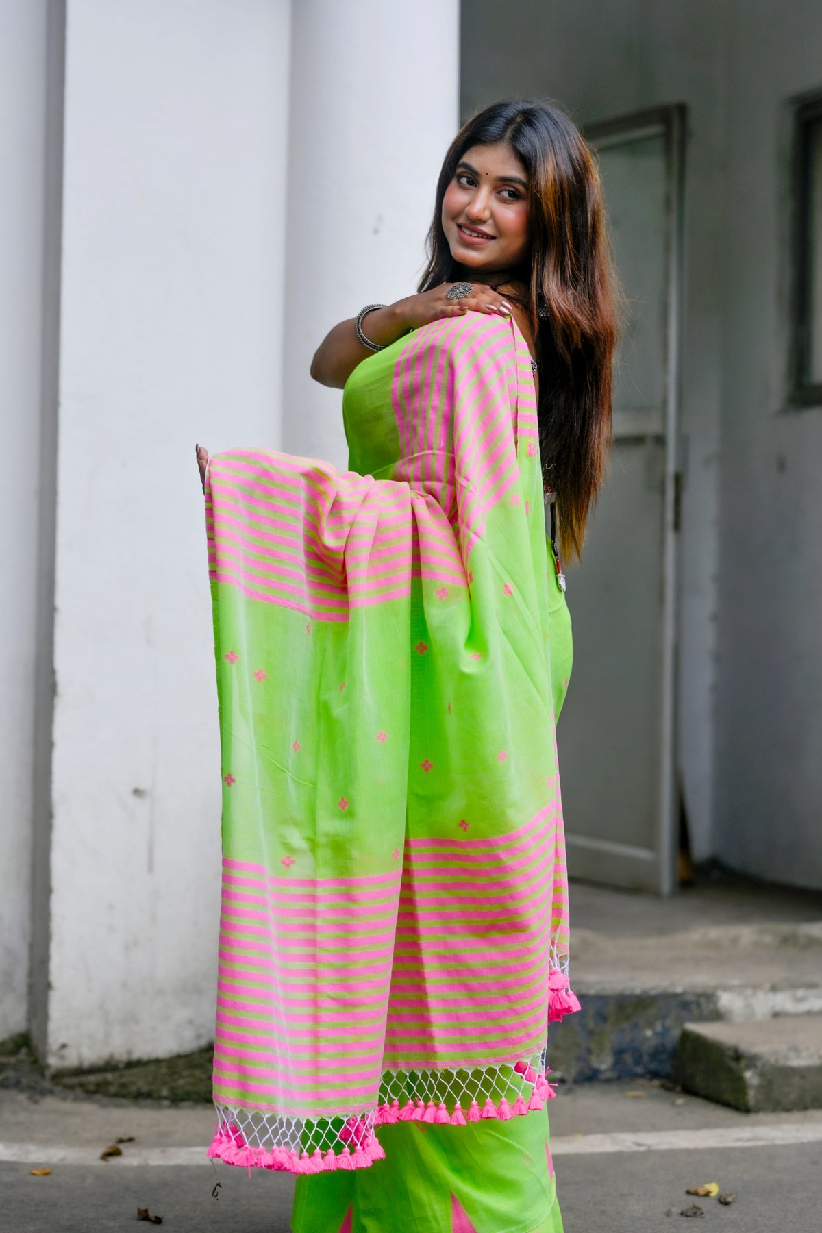 Palashi – Cotton Saree, Neon Green Pink