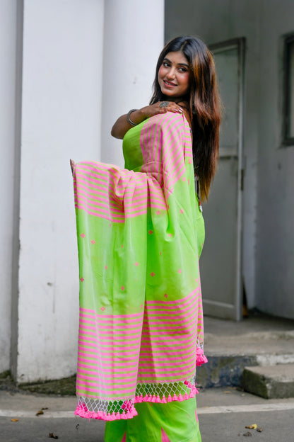 Palashi – Cotton Saree, Neon Green Pink