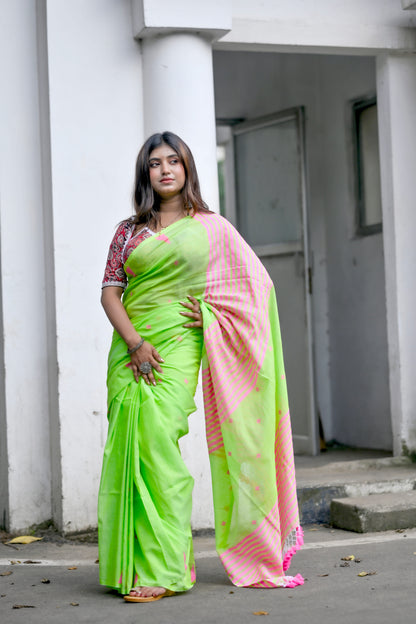 Palashi – Cotton Saree, Neon Green Pink