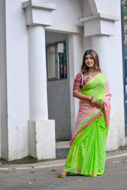 Palashi – Cotton Saree, Neon Green Pink