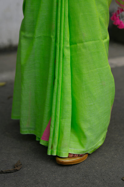 Palashi – Cotton Saree, Neon Green Pink