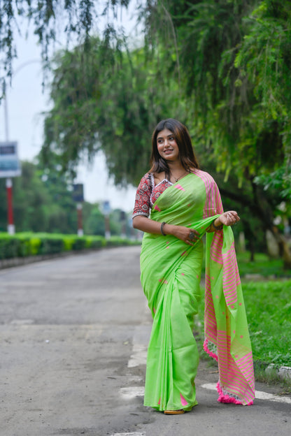 Palashi – Cotton Saree, Neon Green Pink