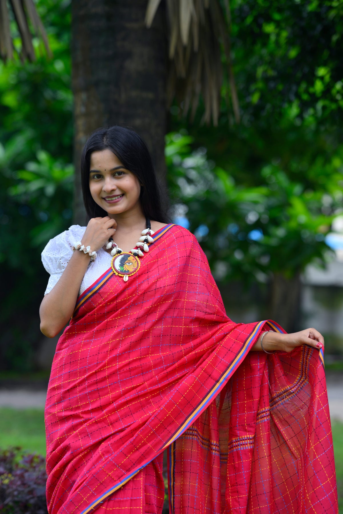 Ranjana – Kantha Stitch Saree, Pink Multicolor