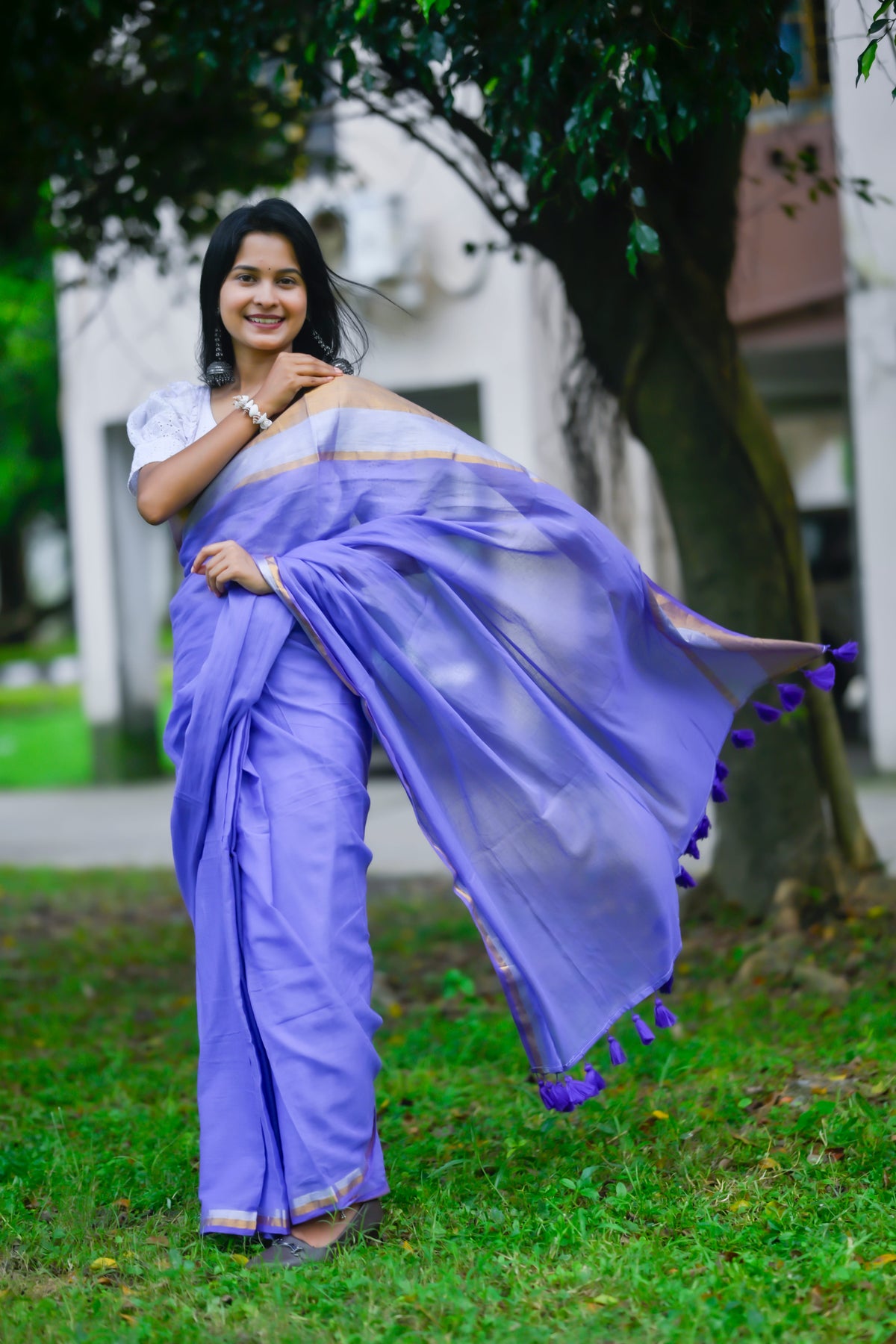 Ambuja – Mul Cotton Saree, Purple Silver Gold