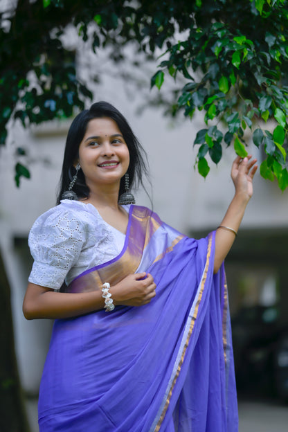 Ambuja – Mul Cotton Saree, Purple Silver Gold
