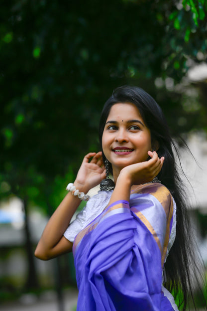 Ambuja – Mul Cotton Saree, Purple Silver Gold