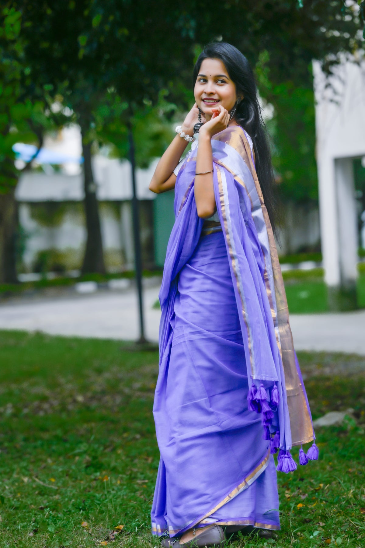 Ambuja – Mul Cotton Saree, Purple Silver Gold