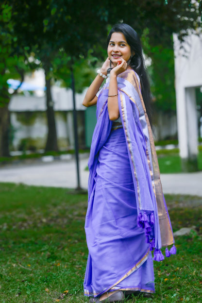Ambuja – Mul Cotton Saree, Purple Silver Gold